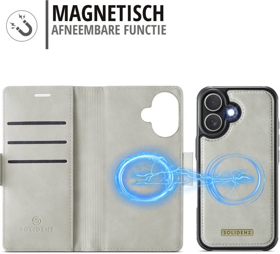 Lichtgrijs portemonnee hoesje met beige afneembare hoes, kaartvakken en magnetische oplader.