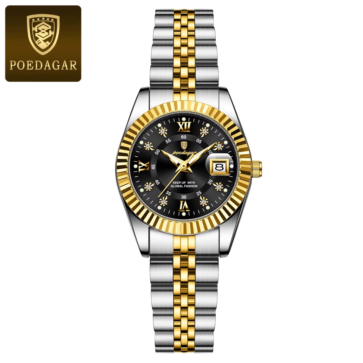 POEDAGAR 780 dameshorloge (Zwart, Zilver Goud) | Rond Dames Polshorloge | Luxe Quartz Horloge | Waterdicht Lichtgevende -Kwarts Horloges RVS Band Met Lichtgevende Wijzers, Datumweergave, Blauwe Wijzerplaat, Perfect Voor Zakelijk En Casual| ⌀ 28mm