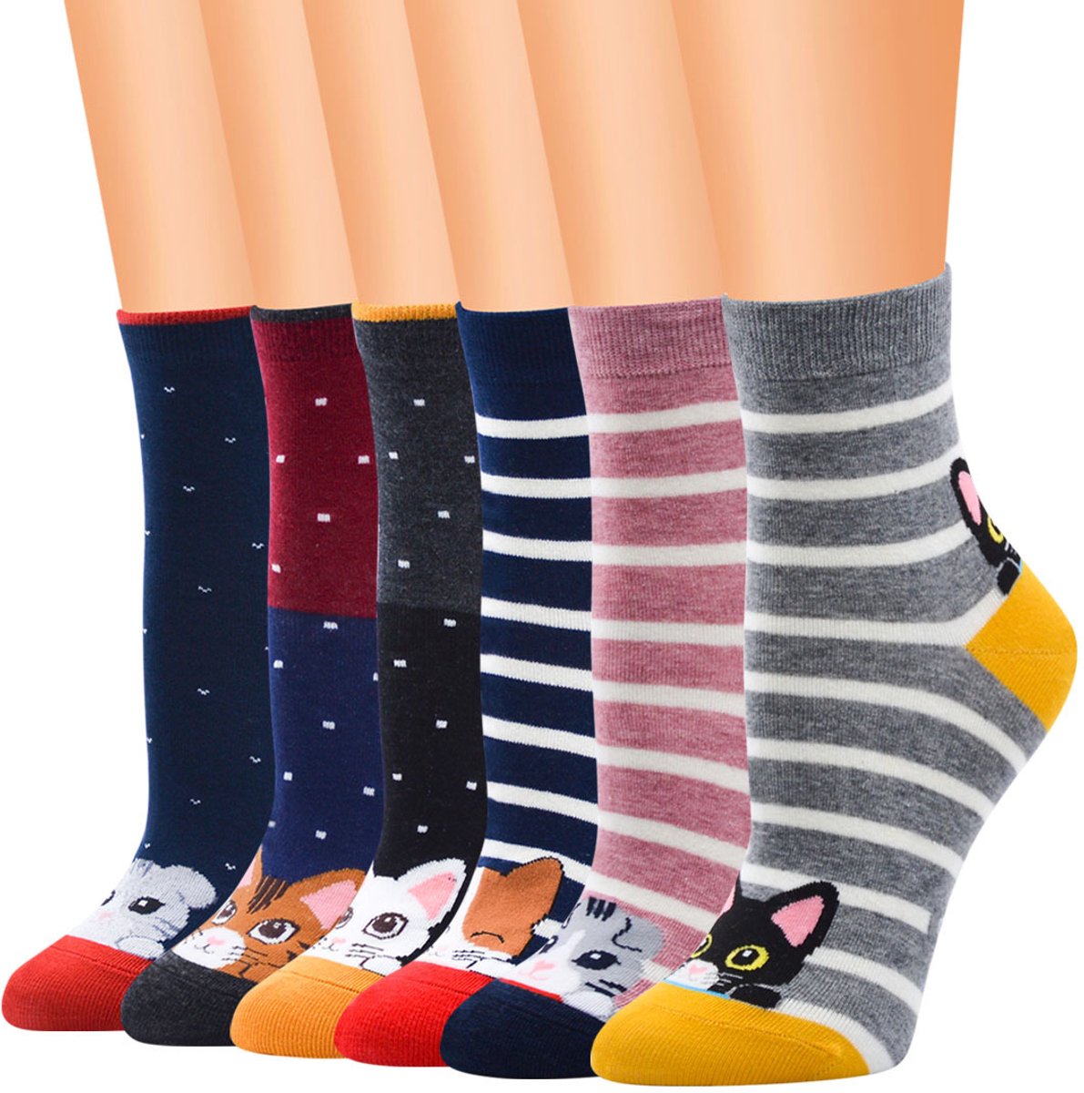 Grappige sokken voor meisjes, katoen: korte sokken met kattenprint, kitten, cartoon, strepen, fantasie, 6 paar, leeftijd 2-11