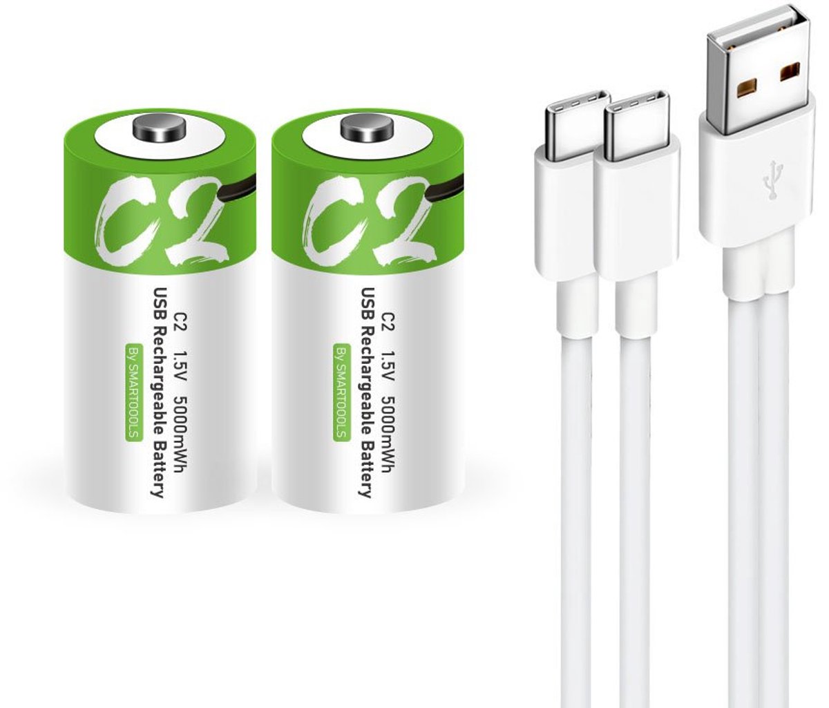 Oplaadbare Li-ion Type C batterijen - 1.5 Volt 5000 mWh met USB Type-C Kabel opladen - Duurzame Keuze - Li-ion C batterij - 2 stuks