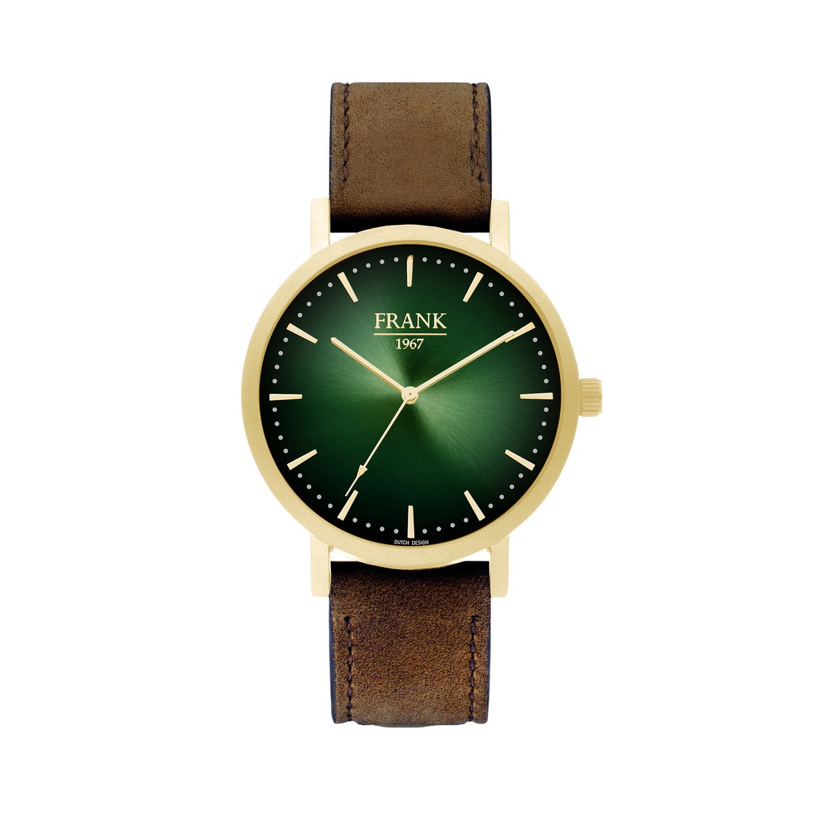 Frank 1967 7FW 0026 Metalen Horloge met Bruine Leren Band -Doorsnee 42 mm - Groen- Goudkleurig