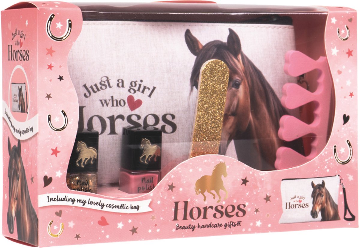 Loves Horses make-up tasje giftset, inhoud: 7 ml nagellak goud-glitter, 7 ml nagellak roze, gouden glitter nagelvijl (100 x 20 mm), teenscheider roze, wit linnen make-up tasje met print