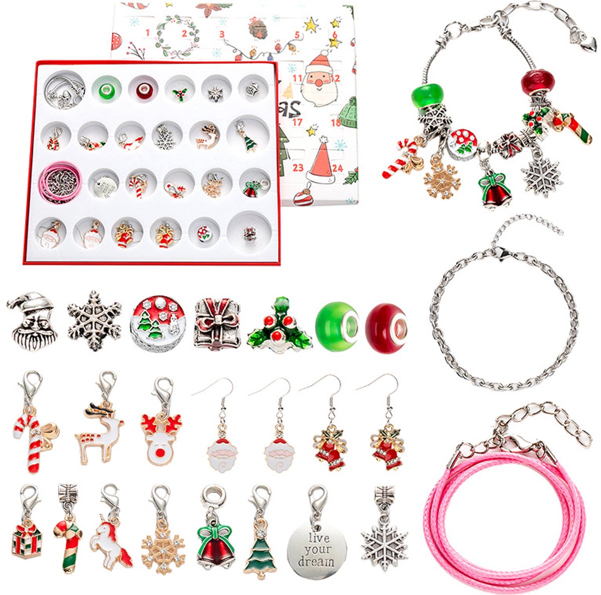 Adventskalender 2025 voor 24 dagen voor jongens en meisjes- sieradenmaakset- zelfgemaakte kralenarmband- kerstverrassingscadeau voor tieners (kerstkalender)