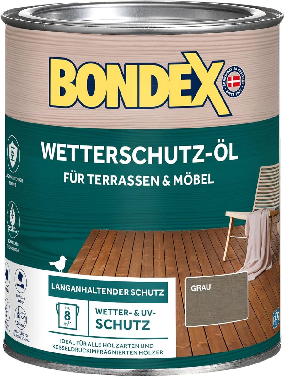 Bondex Weerbestendige Olie Grijs 0,75 L voor 8 m² | Langdurige bescherming | Weer- en UV-bescherming | Biobased technologie | Extreem waterafstotend | Weerbestendige olie | Houtbescherming