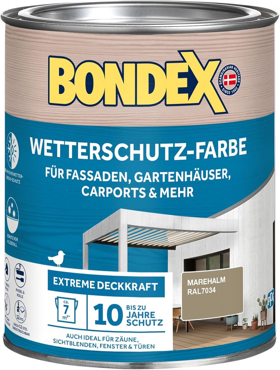 Bondex Weerbestendige Verf Marehalm (RAL 7034) 0,75 L voor 7 m² | Extreem dekkend | Uitstekende weersbestendigheid | Zijdeglans | Weerbestendige verf | Houtverf