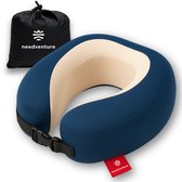 needventure® Nekkussen - Reiskussen Memory Foam - Geschikt Voor Auto en Vliegtuig - Traagschuim Nek Kussen - Voorkom Nekklachten - Opvouwbaar en Oprolbaar - Niet Opblaasbaar - Met opbergtas - Blauw