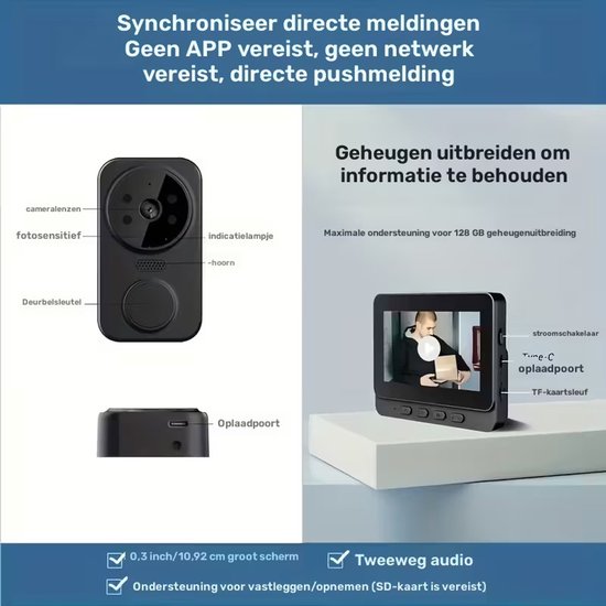 Draadloze Video Deurbel met 4,3 inch Display - RFID-functie, Nachtzicht & Tweerichtingscommunicatie - USB Oplaadbaar van Elro — afbeelding 4