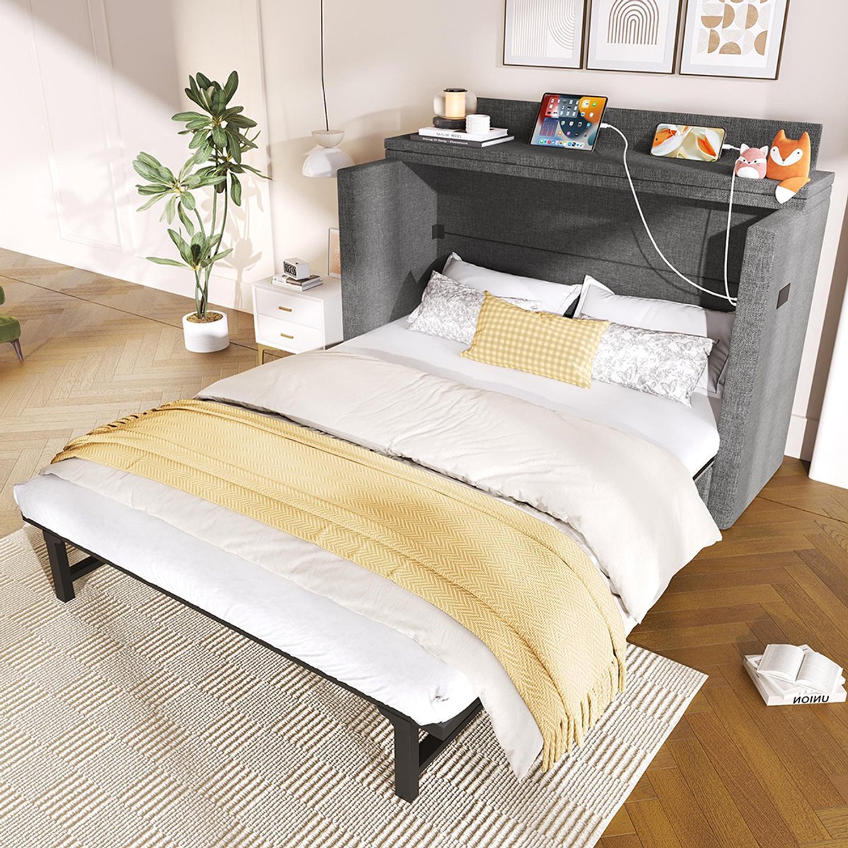 Pugsdrly Opklapbed, 140 x 200, met een lade, verplaatsbaar opklapbed met opbergruimte aan het voeteneinde, met USB- en Type-C-poorten, omvormbaar platformbed, zonder matras, linnen, grijs