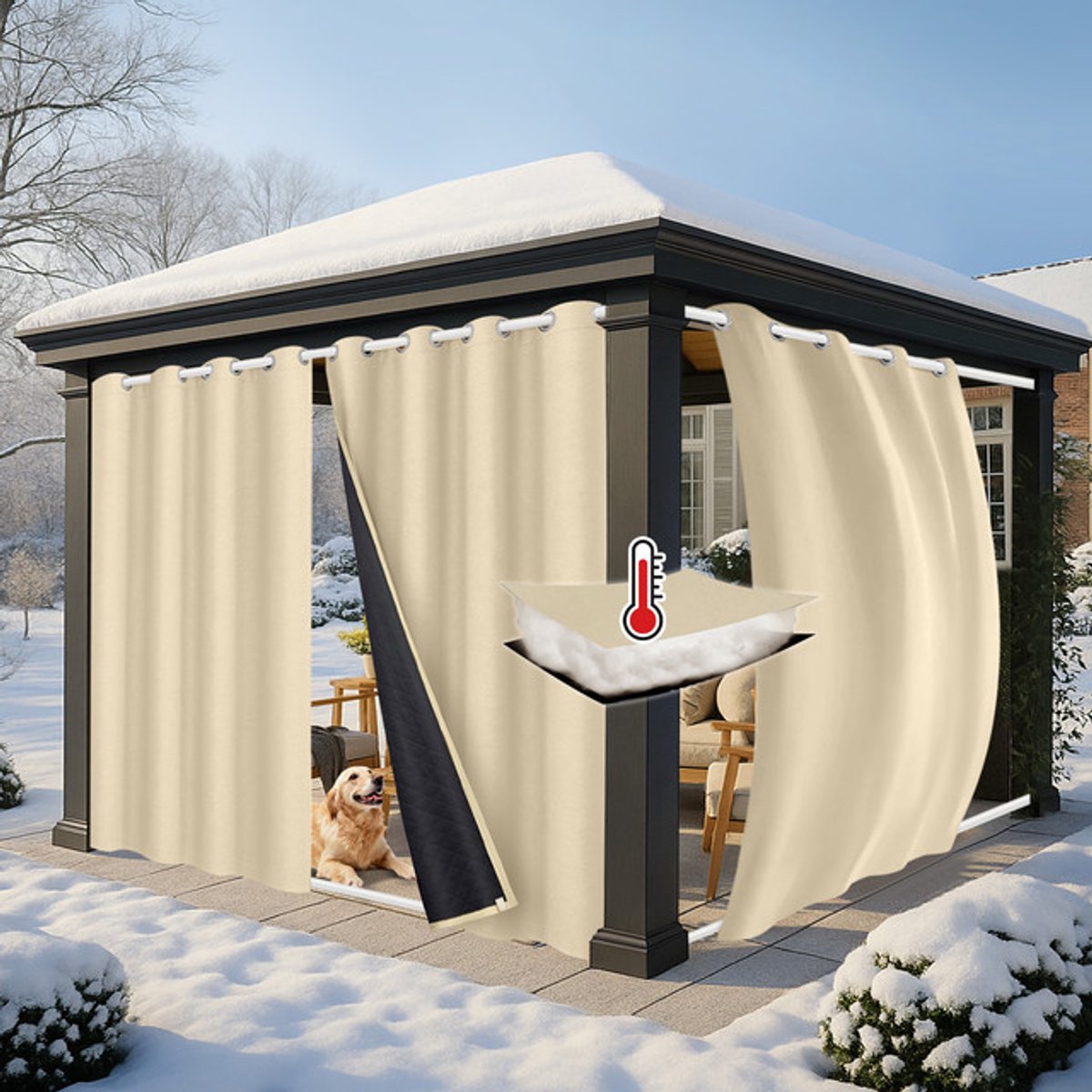 Qelus Waterdichte Gequilte Zware Gordijnen - 100% Verduisterend - Effen, Thermisch Isolerend Gordijn - Blokkeert Licht, Warmte, Geluid en Kou. Geschikt voor Tuin - 1 Stuk (Beige, B132 x H244cm)