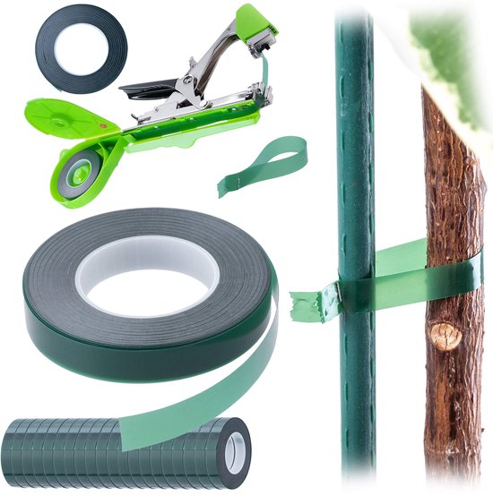 Groene bindtang met rol tape, plantenband en ondersteuningspaal met band.