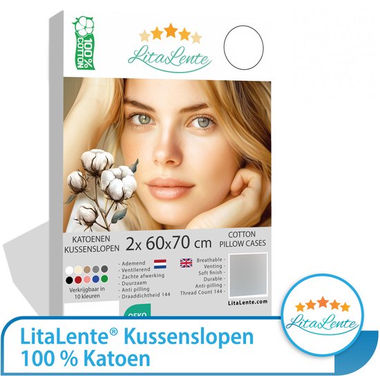 Verpakking kussenslopen 2x 60x70 cm, 100% katoen, crème, met afbeelding van een vrouw.