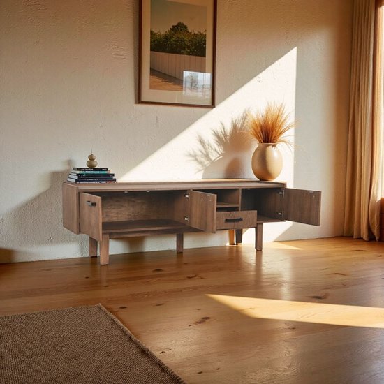 Meuble TV Industrialhome Montagnes 190 cm - Chêne fumé et métal Zwart - Buffet industriel - Design moderne - 3 Portes + tiroir - Passe-câbles - Meuble TV Groot écran