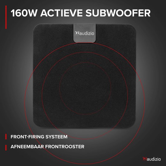 Zwarte subwoofer met front-firing systeem en afneembaar frontrooster.