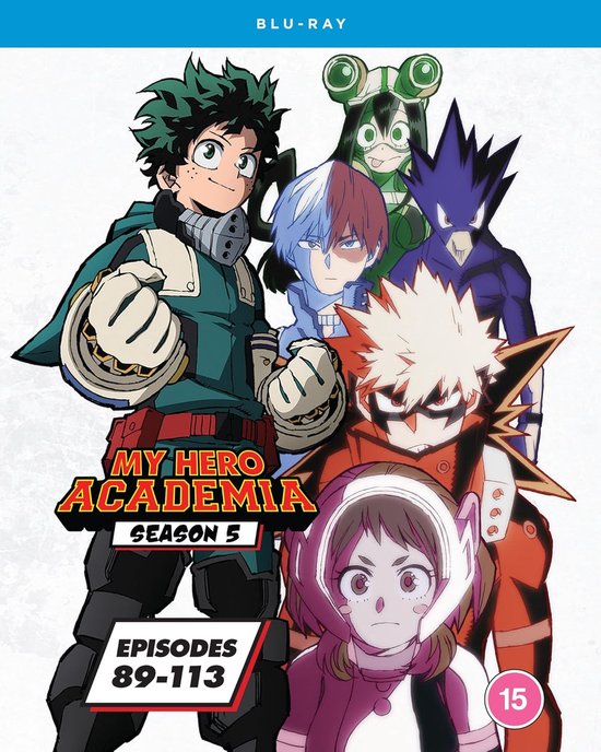 De voorkant van de Blu-ray hoes met anime personages van My Hero Academia Seizoen 5, "EPISODES 89-113".