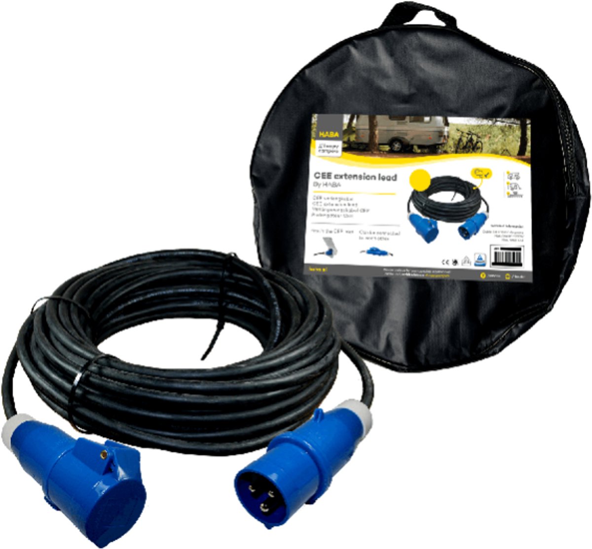 HABA - Verlengkabel 40 meter neopreen 3x 1.5mm² – CEE stekker en CEE contrastekker – in tas