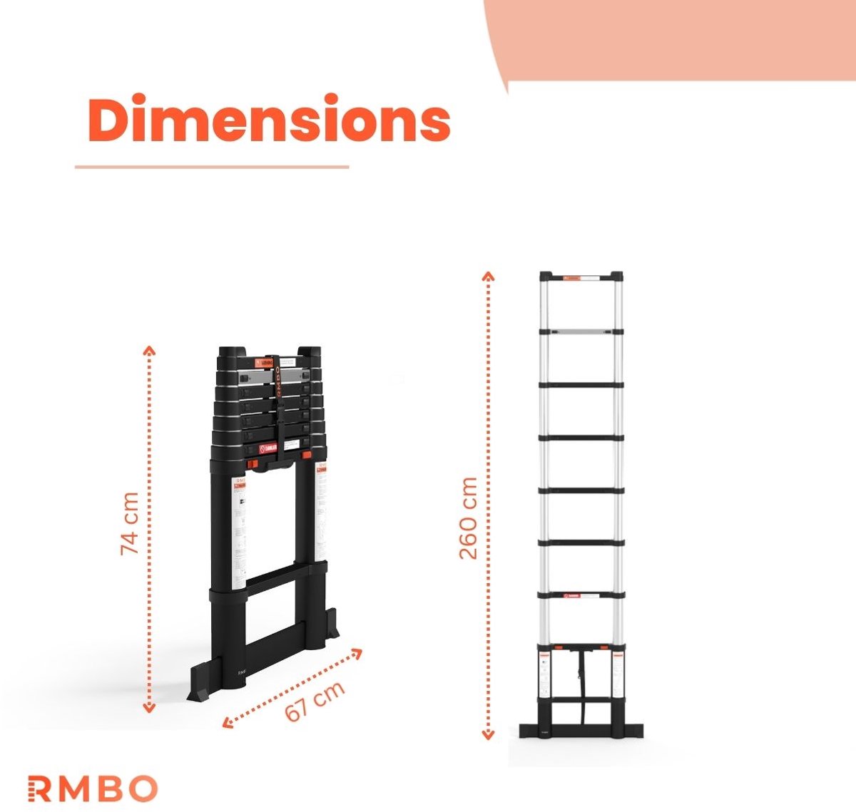 RMBO Telescopische Ladder - Telescoopladder - 2.60m lang, Compact en Draagbaar met Soft Closing Systeem, Geschikt voor Particulier en Professioneel Gebruik, Telescopische Vouwladder, Max. Belasting 150 kg, EN 131.6 – foto 4