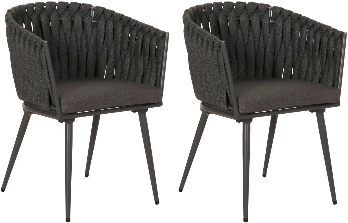 Set van 2 aluminium eetkamerstoelen MCW-N38, armleuning binnenstoel, Olefin rope weave Touw ~ antraciet Kussen donkergrijs