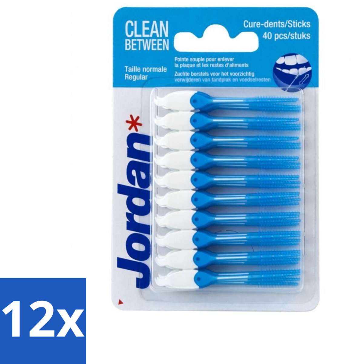 12 x Jordan Clean Between Sticks Regular 40 stuks per verpakking - Tandplak Verwijderen - Tandenstoker - Mondhygiëne - Tanden Reinigen - Tandenborstel