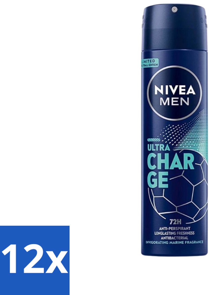 12 x Nivea - Men - Deodorant - Spray - Ultra Charge - 150 ml - Deodorant Spray - Anti-transpirant - 48 Uur Bescherming - Mannelijke Geur - Huidverzorging