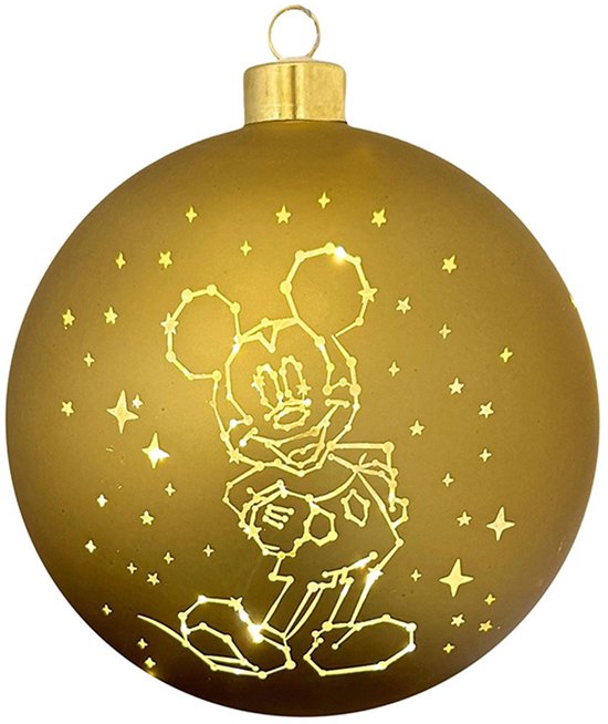 Boule de Noël dorée avec Mickey Mouse en constellation, entourée de petites étoiles.