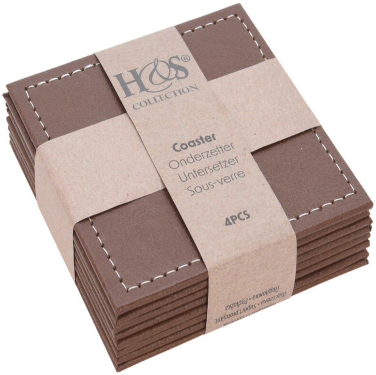 H&S Collection Glazen onderzetters - 4x stuks - bruin - kunstleder - 10 cm