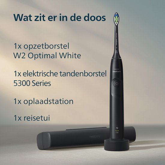 Zwarte Philips Sonicare 5300 Series elektrische tandenborstel met W2 Optimal White opzetborstel, oplaadstation en reisetui.