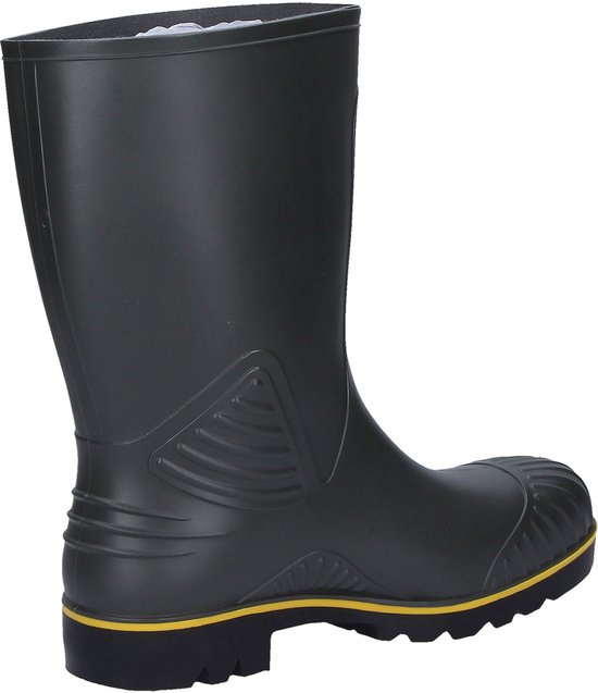 Achteraanzicht van een zwarte Dunlop laars met hielprofiel en gele rand langs de zool.
