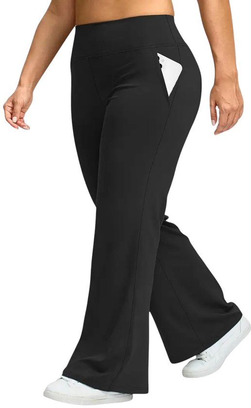 Foto: Curveease plus size hoge taille uitlopende broek grote maten flared pants pocket legging sportlegging comfortabel rekbaar met schuine zakken zwart maat 5xl