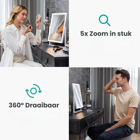 Vrouw en man gebruiken een Mirlux Hollywood spiegel. Spiegel is 360° draaibaar en heeft 5x zoom.