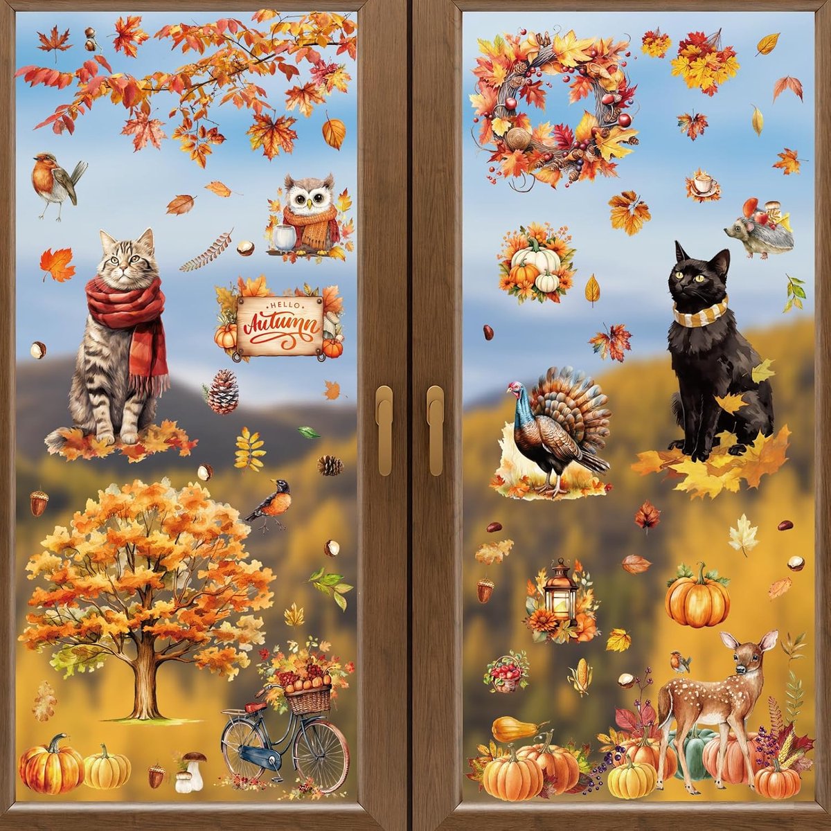 76 stuks herfst raamstickers, 9 vellen pompoen raamsticker, PVC zelfklevende stickers, met kat, kalkoen en uil, herfstbladeren raamstickers, Thanksgiving decoratie voor in de klas, herfst, kantoor, feestbenodigdheden - Cyslmuk®