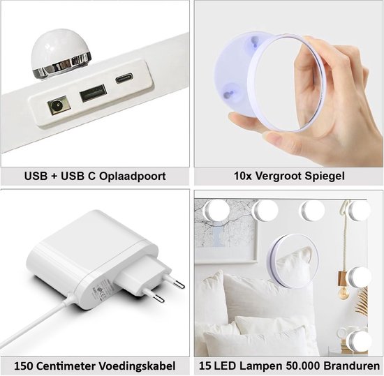 Royals Hollywood Spiegel 58x46CM - 15x Led Lampen - USB + USB-C Oplaadpoort - 10x Vergroting - 3 lichtstanden - Dimbaar - Smart Touch - hollywood spiegel met verlichting - Spiegel met verlichting - Make Up Spiegel - Visagie spiegel