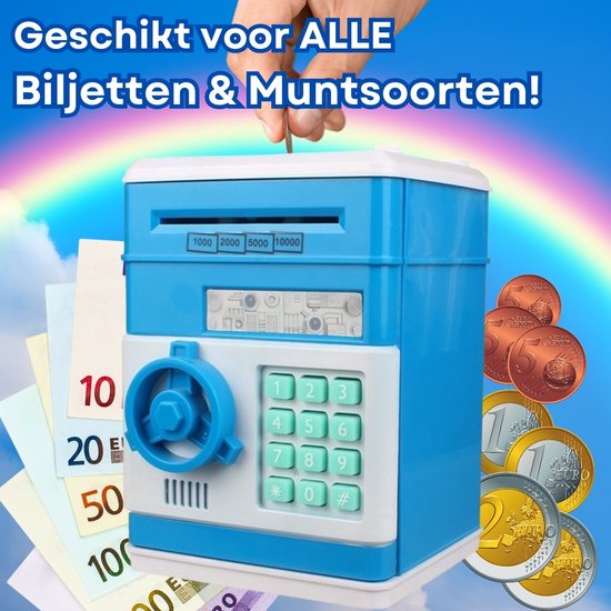 RAMBUX® - Coffre-fort avec code PIN et son - Bleu clair - Tirelire - Pièces et billets - Tirelire automatique - Jouets Éducatif