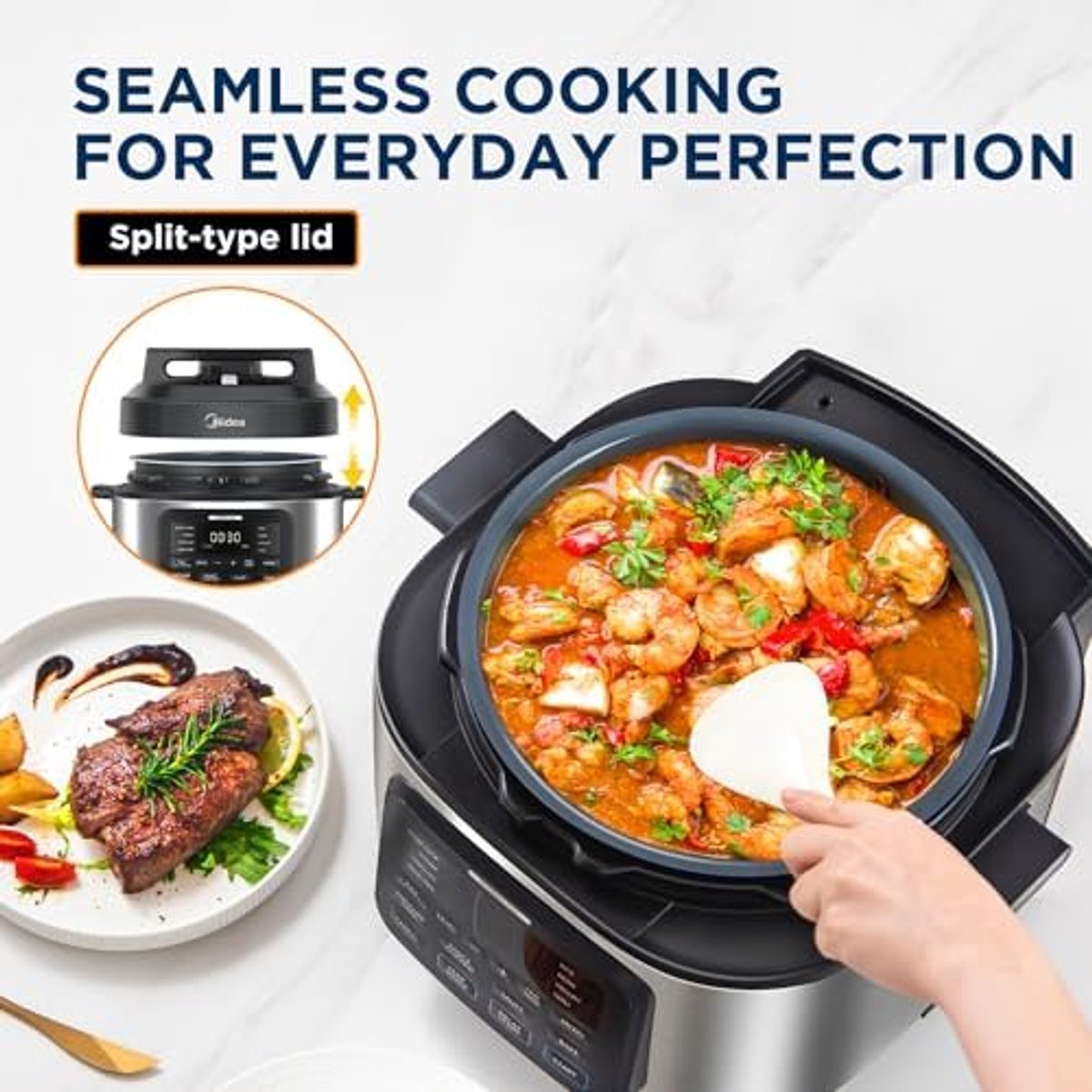 Afbeelding 2 van Midea 9-in-1 Multicooker – 6L, 12 Kookfuncties – Drukpan, Slowcooker, Rijstkoker, Sous-Vide, Yoghurtmaker & Meer – Met Keramische Binnenpan - TELEO