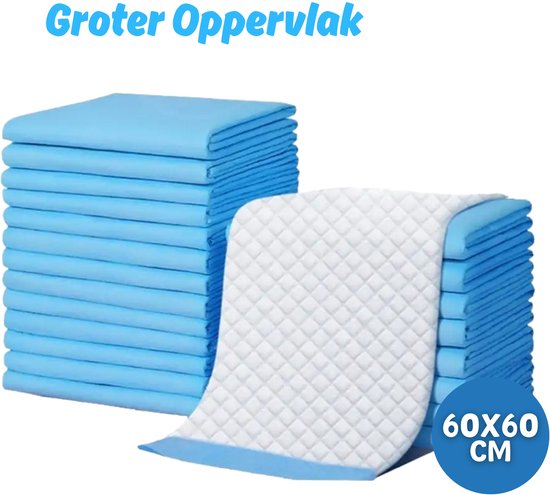 Pile de protections bleues jetables, dont une avec un motif matelassé blanc et le texte 'Groter Oppervlak 60x60 CM'.