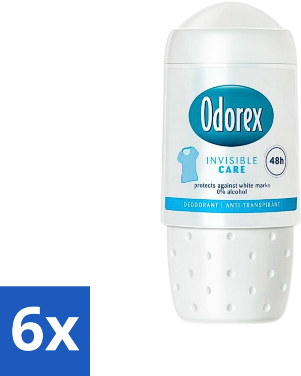 6 x Odorex Deodorant Roller Invisible Care 50 ml - Onvisibel Deodorant - Anti-witte Strepen - Zweetbescherming - Frisheid - Huidvriendelijk