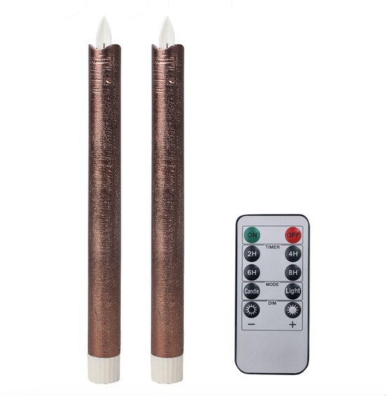 LED kaarsen met bewegende vlam 2x - Brons - Bronze - Timer - Dimmer - Afstandsbediening - Dinerkaars rustiek wax 24.5 cm - LED kaars batterij