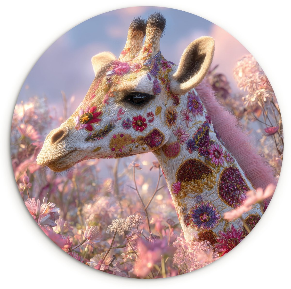 WallCircle Wandcirkel 60x60 cm - Muurcirkel Giraffe - Bloemen - Roze - Muurdecoratie woonkamer - Wanddecoratie slaapkamer - Kamer decoratie accessoires - Ronde schilderijen