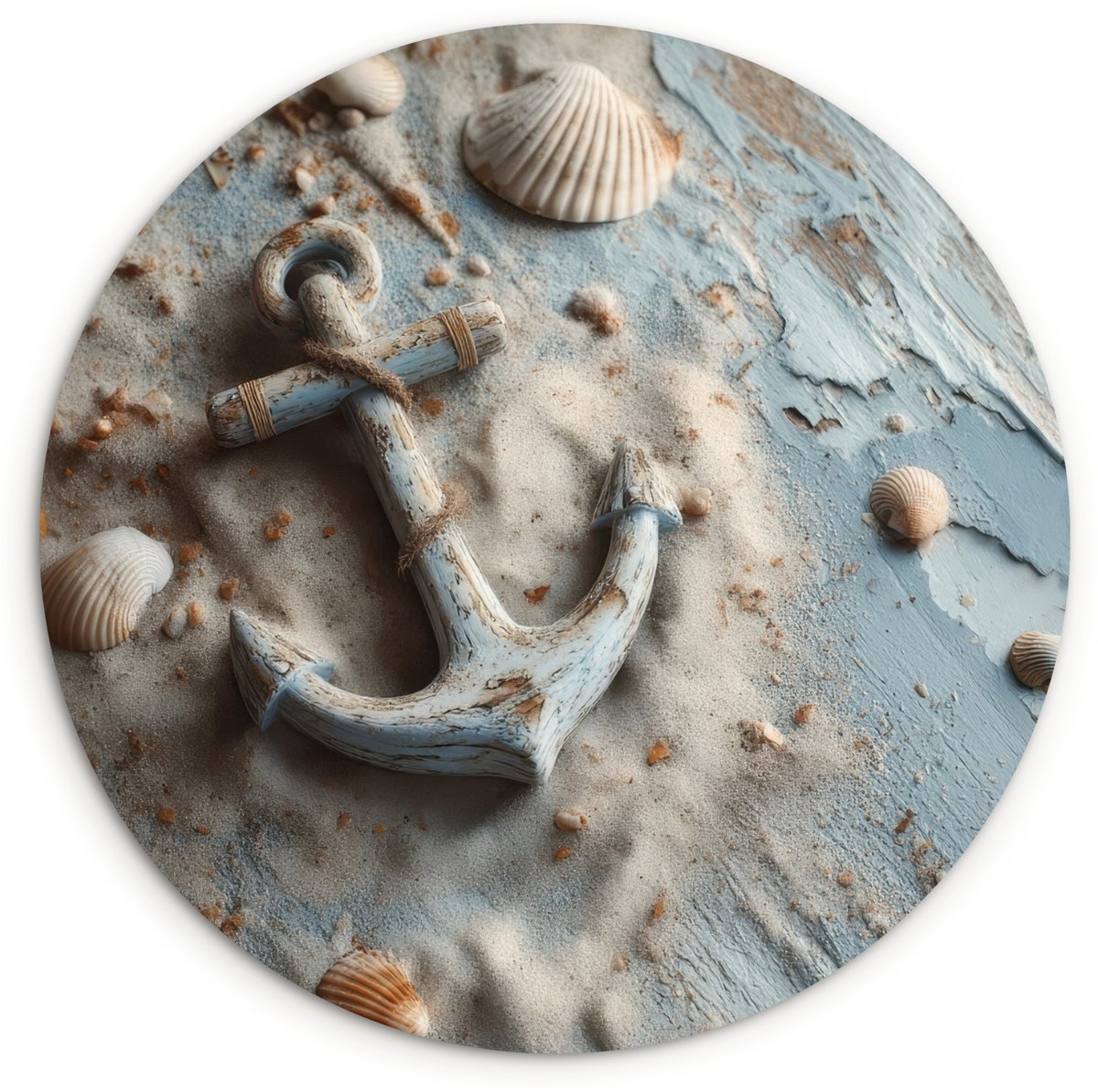 WallCircle Wandcirkel 90x90 cm - Muurcirkel Anker - Hout - Schelpen - Zand - Muurdecoratie woonkamer - Wanddecoratie slaapkamer - Kamer decoratie accessoires - Ronde schilderijen Anker - Schelpen - Zand