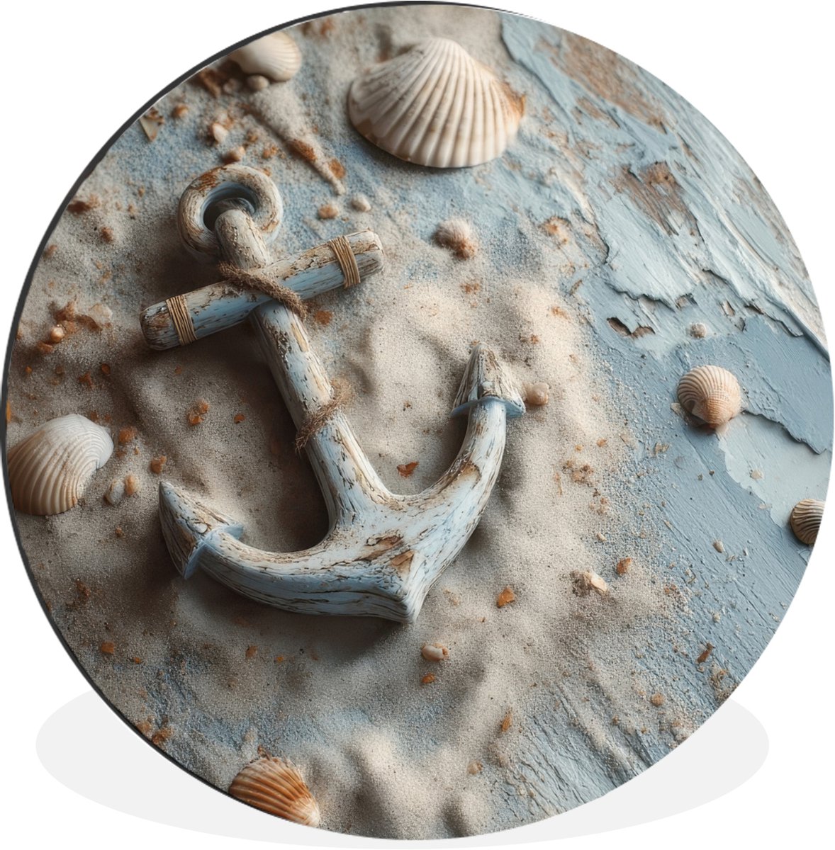 WallCircle Wandcirkel - Muurcirkel - Anker - Hout - Schelpen - Zand - Aluminium - Dibond - 30x30 cm - Binnen en Buiten