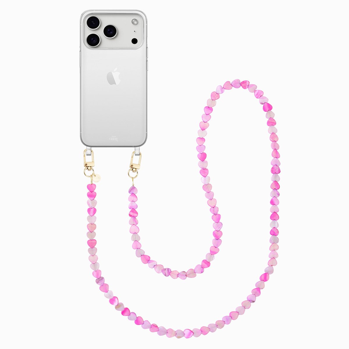 xoxo Wildhearts siliconen hoesje - Geschikt voor iPhone 17 Pro Max hoesje - Shell Hearts (long) - Telefoonhoesje - Hoesje met koord - gekleurde hartjes - Lang koord - Transparant hoesje met telefoonkoord - Roze & Paars