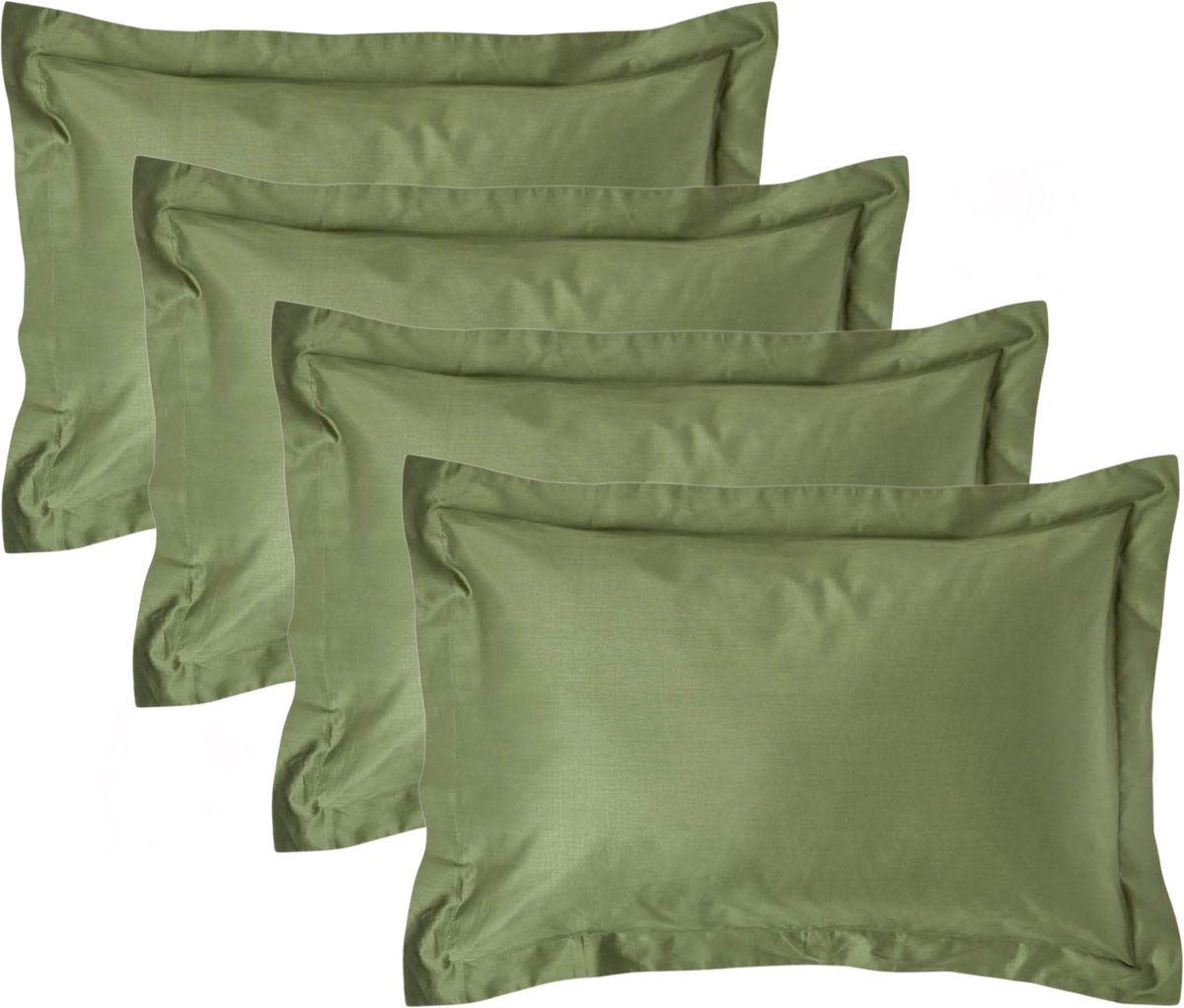 Homescapes Biologisch Kussensloop 50x75 cm met Sierrand – Set van 4 – Mosgroen – 100% Egyptisch Katoen Satijn – Draaddichtheid 400
