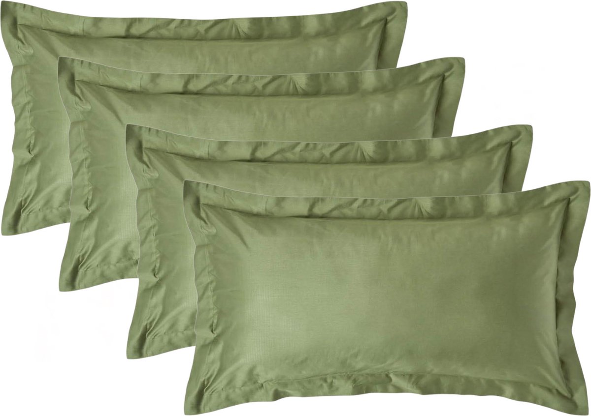 Homescapes Biologisch Kussensloop 50x90 cm met Sierrand – Set van 4 – Mosgroen – 100% Egyptisch Katoen Satijn – Draaddichtheid 400