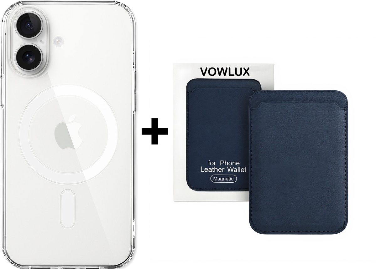 VOWLUX Compatible MagSafe Hoesje voor iPhone 16 Transparant – Inclusief Blauwe Wallet Pasjeshouder – 24 Magneten – Kunstleer – 3 Kaarten – Shockproof Case