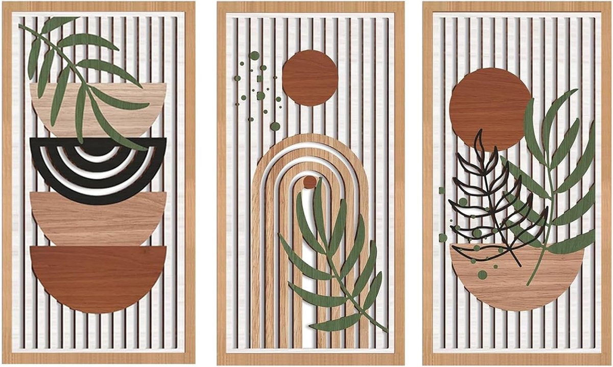 3-delige Houten Muursculptuur – Boho Stijl Wanddecoratie – Bladeren & Geometrische Patronen - Abstract – Moderne Lichtgewicht Muurkunst – Woonkamer, Slaapkamer, Kantoor – 42x21 cm