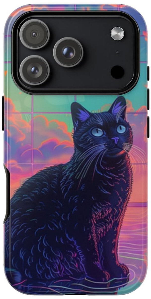 Zwarte Kat met Neonlucht Reflectie – Telefoonhoesje Geschikt voor iPhone 17 Pro