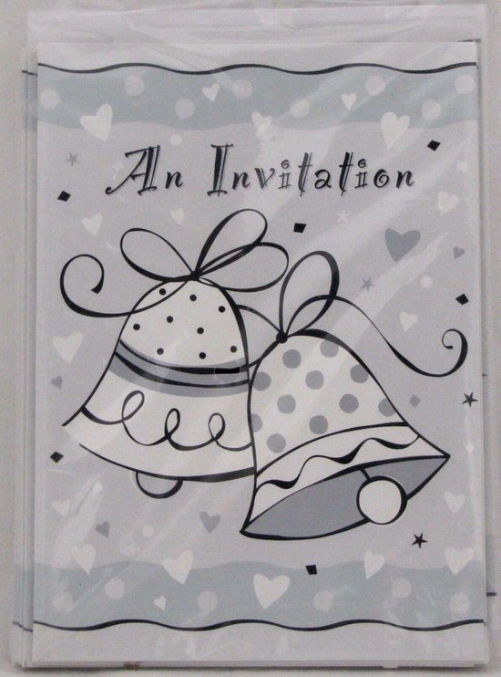Uitnodigingen met de tekst 'An Invitation', versierd met huwelijksklokken, hartjes en stippen.