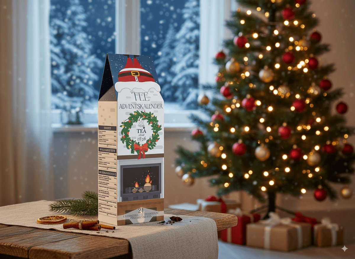 Thee Adventskalender Chimney Hygge – 24 theezakjes (zwart, groen, kruiden, rooibos, fruit) – dispenser giftbox – sfeervol decembercadeau