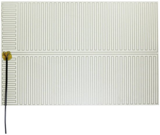 Witte verwarmingsfolie met grijze lijnen, zelfklevend, met zwarte kabel aan de linkerkant.
