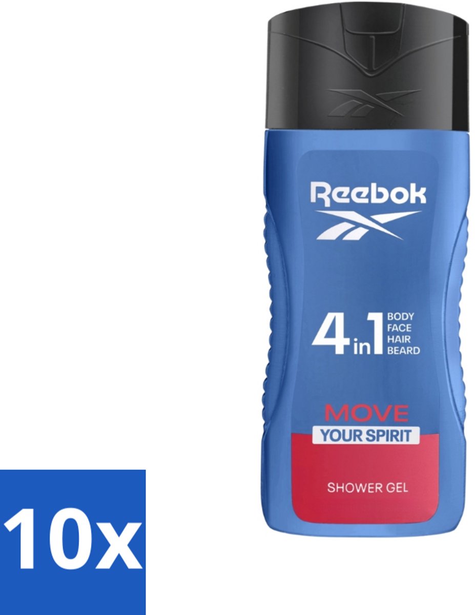 10 x Reebok - Move Your Spirit - Douchegel - 4 in 1 - 400 ml - Douchegel 4 In 1 - Douchegel Voor Gezicht - Douchegel Voor Haar - Douchegel Voor Lichaam - Scheerschuim
