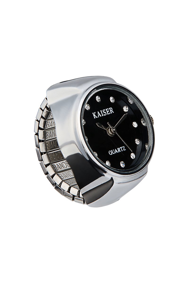 Kaiser Ringhorloge Vinger Horloge Ring - Zilver met Zwarte Wijzerplaat en Steentjes - One Size Fits All Rekband - Quartz - 22mm